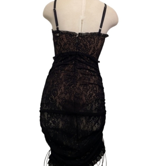 For Love And Lemons Size M Lace Ruched Black Dress Lace Up Midi Adjustable Strap - Picture 5 of 7